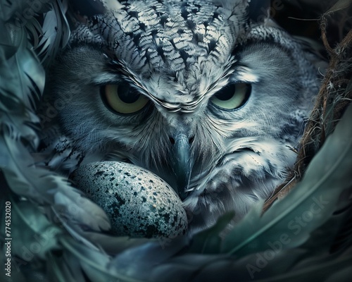 Mother owl, egg nestled in feathers, twilight, eye-level, intimate, serene protection photo