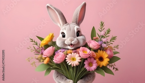 Cheerful cartoon rabbit with a large bouquet of flowers realistic photo on a pink background