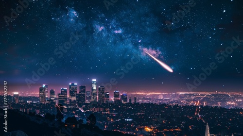 beautiful night view of the city of Los Angeles falling a meteorite or shooting star photo