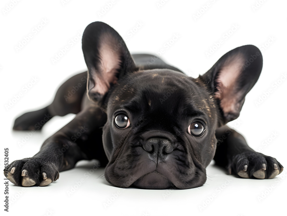 Cute and adorable black french bulldog lying his head on the floor isolated on white background, front view. Cute and adorable black french bulldog lying his head on the floor isolated on white background, front view.