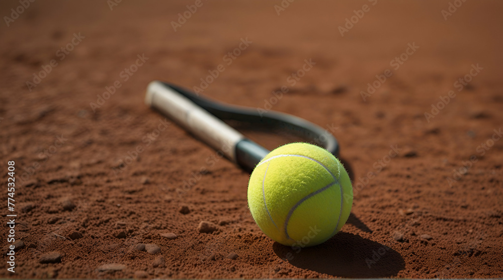 A yellow tennis ball and tennis racket lies on the clay court.generative.ai