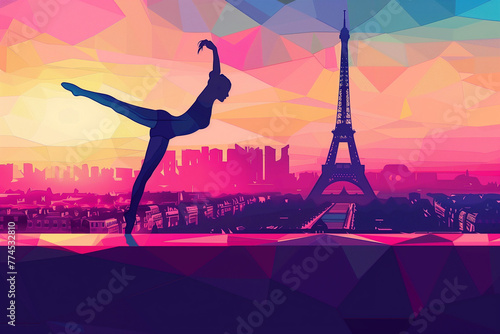 The Summer Olympic Games in Paris with Eiffel Tower background. Gymnastic sport. Modern art Grainy gradients.. Generative AI