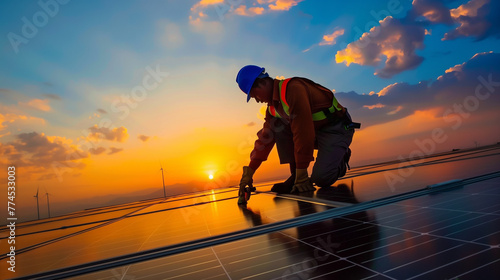 A man in a safety vest is working on a solar panel. The sky is orange and the sun is setting
