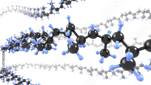 plastic polymer molecular structure 3d representation. Can be used to represent a macromolecule chemical structure, polymerization process or plastic manufacturing and recycling