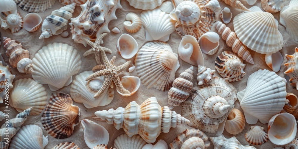 A variety of seashells are spread out in an intricate pattern on the ground A variety of seashells are spread out in an intricate pattern on the ground