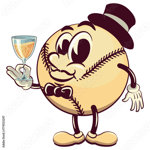 baseball cartoon vector isolated clip art illustration mascot  in a hat and bow tie raising a wine glass, work of hand drawn