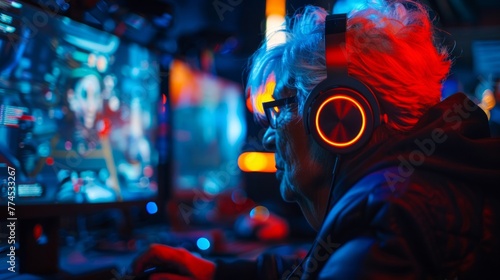 An elderly woman, wearing headphones, engages in a video game