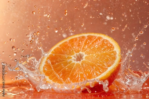 Slice of orange falling into water with splash on orange background.