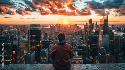 Man sitting on the top of a building looking at the sunset photo