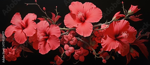 Blooming red flowers are attached to a branch along with vibrant green leaves, set against a stark black background
