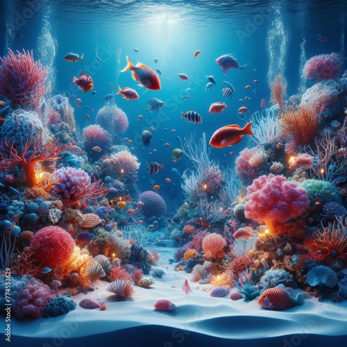 vibrant underwater scene, featuring a coral reef teeming with fish and other marine life