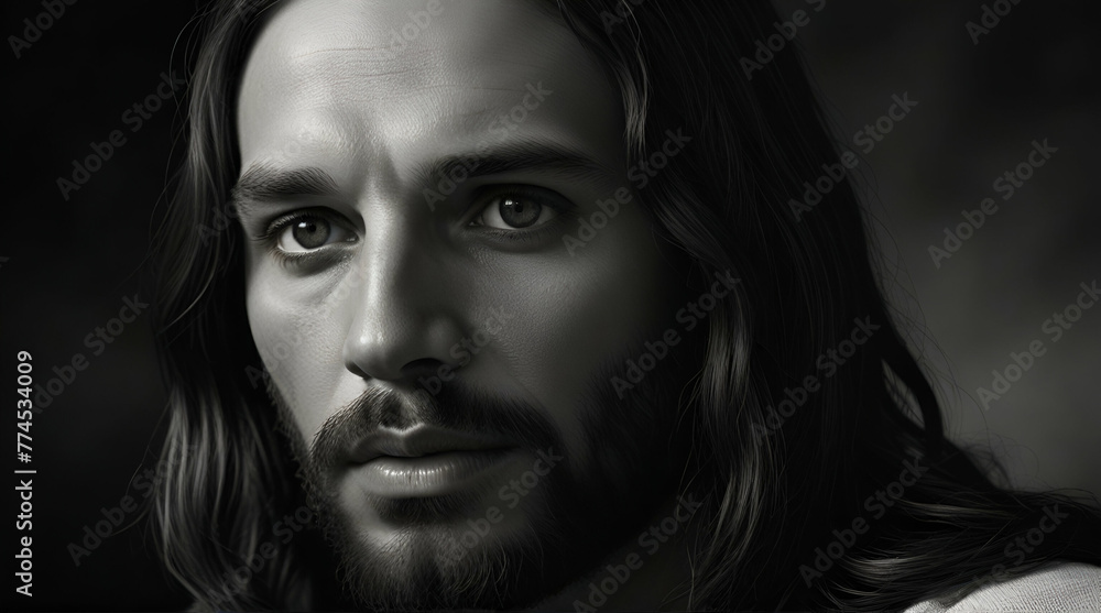 Portrait of black Jesus Christ with crown of thorns on his head. Black and white photorealistic portrait.generative.ai Portrait of black Jesus Christ with crown of thorns on his head. Black and white photorealistic portrait.generative.ai
