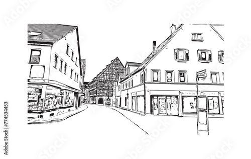 Print Building view with landmark of Reutlingen is a city in Germany. Hand drawn sketch illustration in vector.