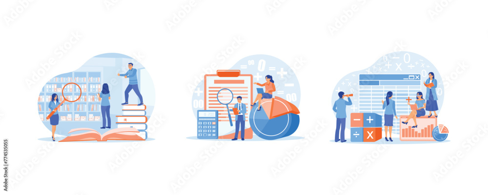 People looking for document. Examines the bill using a magnifying glass. Accountants prepare company bookkeeping reports. Accounting concepts. Set flat vector illustration.