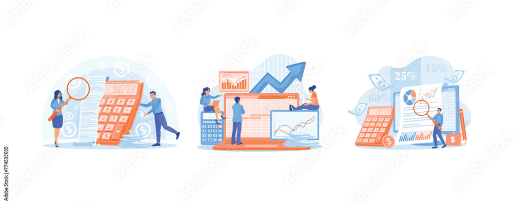 Accountants calculate a company's financial statements. Prepare financial balance sheets. Businessman analyzes company financial reports. Accounting concepts. Set flat vector illustration.