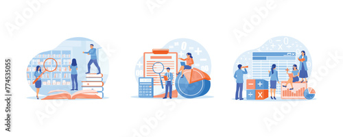 People looking for document. Examines the bill using a magnifying glass. Accountants prepare company bookkeeping reports. Accounting concepts. Set flat vector illustration.