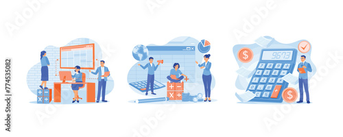 The accountant fills in the balance sheet on the computer. Prepare financial reports. Financial managers calculate company finances. Accounting concepts. Set flat vector illustration.