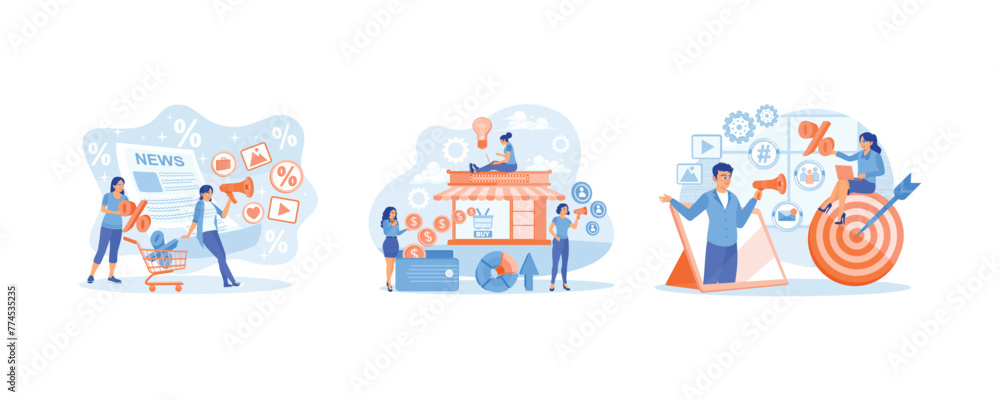 Business strategy to improve marketing. Ways to attract customers. Give discounts to customers. Promotion concept. Set flat vector illustration.