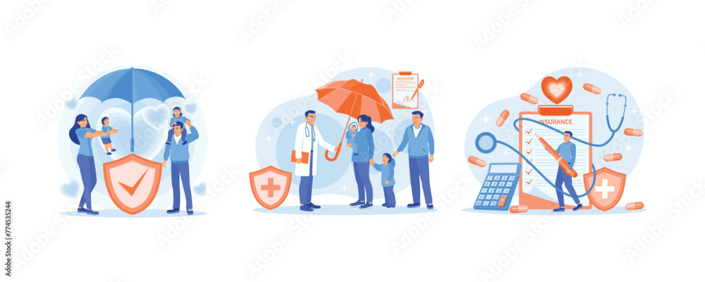 Fototapeta premium The family stands under the insurance umbrella. Doctors provide health insurance to patients. People filling out health insurance paperwork. Health Insurance concept. Set flat vector illustration.