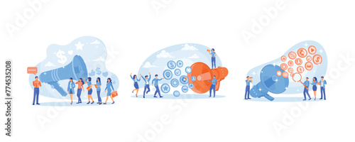 People listen to announcements from microphones. Providing promotions on social media. Improve digital marketing. Promotion concept. Set flat vector illustration.