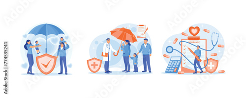The family stands under the insurance umbrella. Doctors provide health insurance to patients. People filling out health insurance paperwork. Health Insurance concept. Set flat vector illustration.