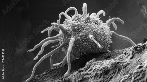 A scanning electron micrograph of a macrophage a type of white cell shown with its tentaclelike protrusions engulfing foreign particles photo