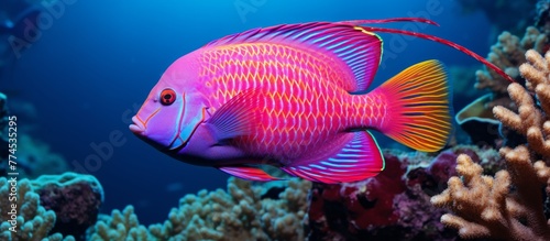 Various brightly colored fish swimming among vibrant coral formations in a clear blue ocean reef backdrop