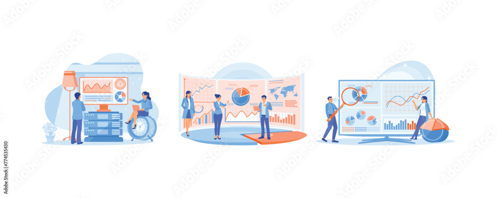 The business team develops a business strategy. The manager leads the presentation meeting. Businessman analyzing office financial charts. Data Analysis Concept. Set flat vector illustration.