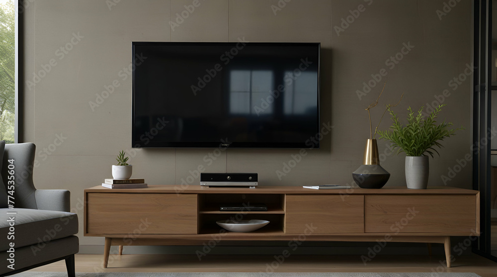 TV on cabinet in modern living room with lamp,table,flower and plant on wooden wall background.generative.ai