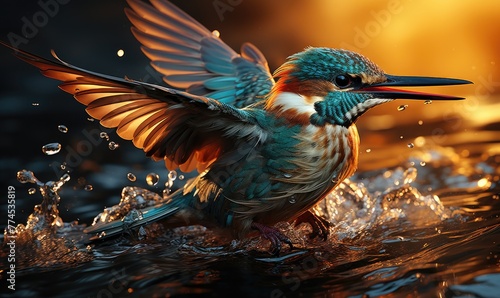 A vibrant kingfisher bird captured in mid-flight, its wings elegantly spread, skimming over glistening waters against a golden sunset. photo
