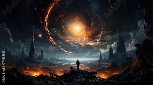 A lone figure stands on the alien terrain, gazing at a cataclysmic cosmic event unfolding in a vast, dark expanse. photo