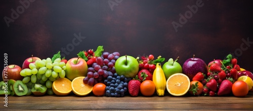 A variety of assorted fruits such as apples, bananas, oranges, and grapes placed on a wooden table in a close-up view