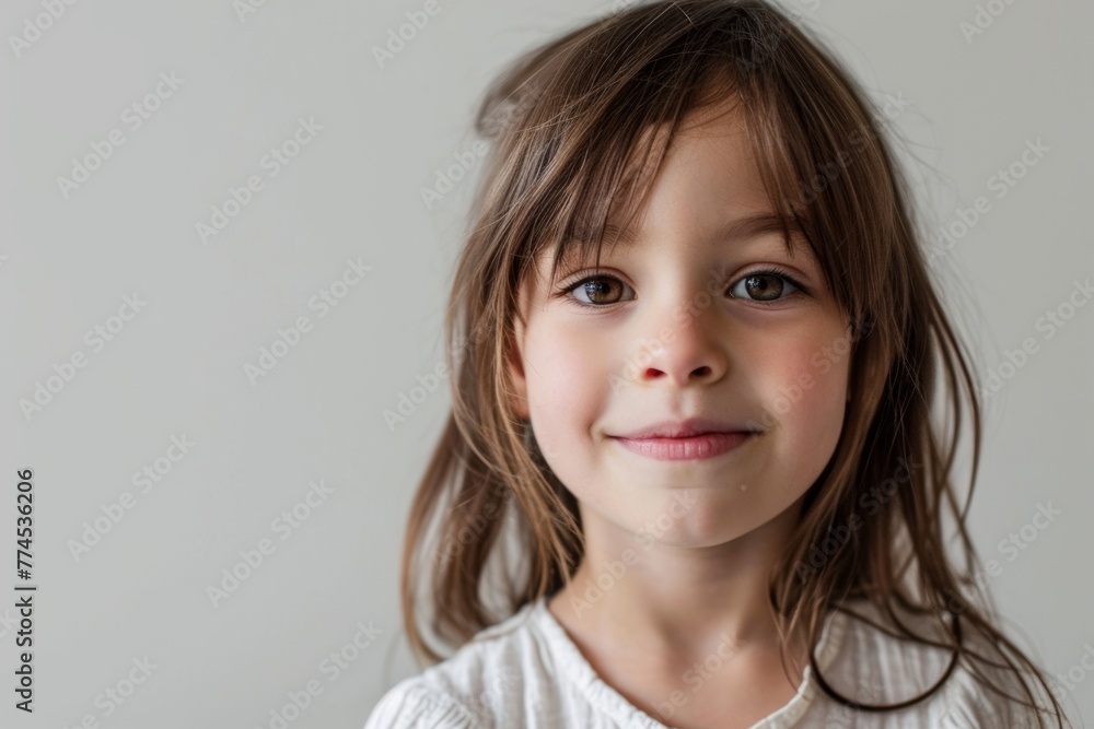 Portrait of a cute little girl with long hair on a gray background Portrait of a cute little girl with long hair on a gray background