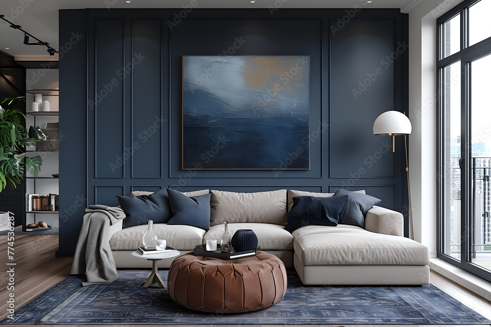 Stylish contemporary design of modern apartment living room in deep navy blue colors, lot of green house plants and concrete elements Stylish contemporary design of modern apartment living room in deep navy blue colors, lot of green house plants and concrete elements