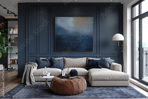 Stylish contemporary design of modern apartment living room in deep navy blue colors, lot of green house plants and concrete elements