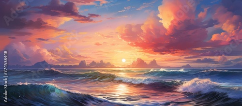 Sunset painting showcasing vivid colors over the sea with waves crashing gently on the shore