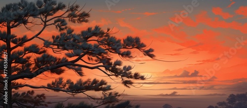 Scenic artwork depicting a vibrant sunset with a lone tree and a bird soaring in the colorful sky