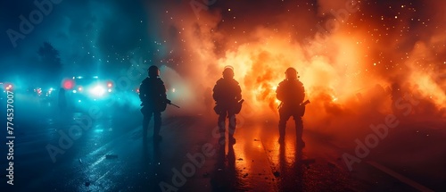 Confrontation between protesters and riot police intensifies amid lights and smoke in civil unrest. Concept Civil Unrest, Protesters, Riot Police, Confrontation, Lights and Smoke
