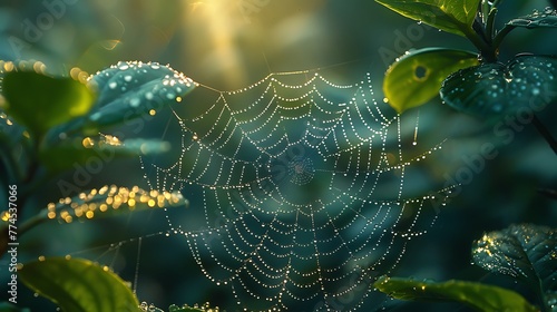 Explore the intricate patterns of dew-kissed spider webs delicately woven between leaves and branches, each thread glistening in the morning sunlight.