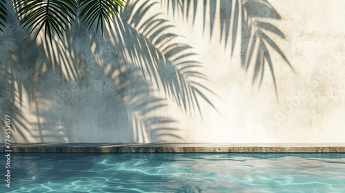 Tropical summer background with concrete wall, pool water and palm leaf shadow. Generative Ai