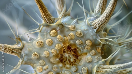 A magnified image of a seed pod from a thistle plant with each individual section containing numerous spores ready for dispersal. photo