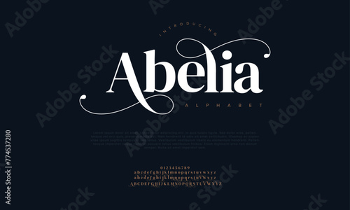 Abelia elegant Font Uppercase Lowercase and Number. Classic Lettering Minimal Fashion Designs. Typography modern serif fonts regular decorative vintage concept. vector illustration