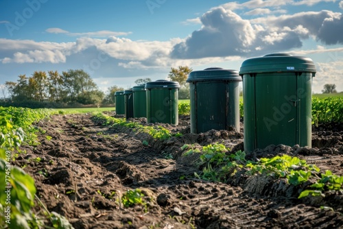 Scenic view of a row of five green compost bins on a lush farm field under a dramatic cloudy sky with a line of trees on the horizon © evgenia_lo