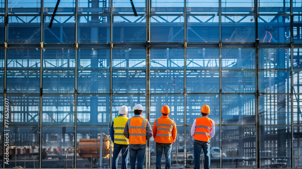 A group of construction workers are standing outside a building, looking up at the construction site. The workers are wearing orange vests and hard hats, indicating that they are on a job site