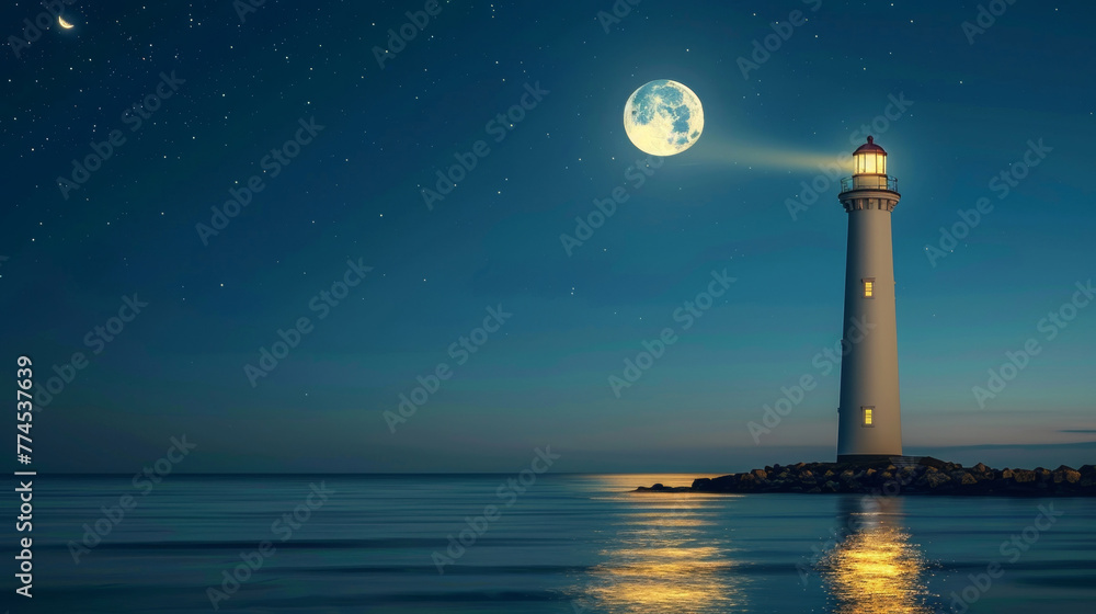 A majestic lighthouse standing tall against the dark moonlit sky its beam casting a tranquil glow over the serene seascape below. . .