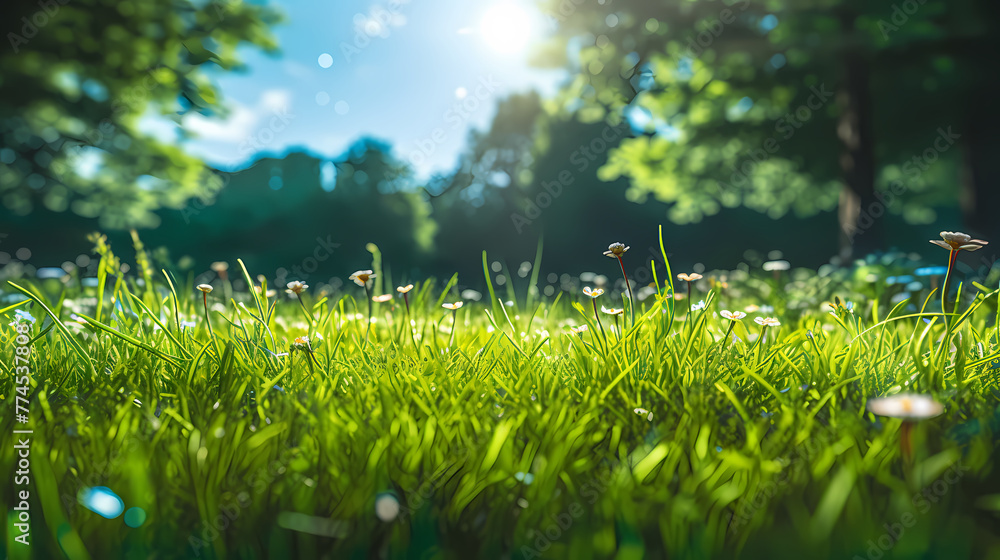 Close up green grass field with tree blur park background,Spring and summer Close up green grass field with tree blur park background,Spring and summer