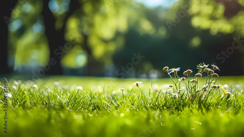 Close up green grass field with tree blur park background,Spring and summer