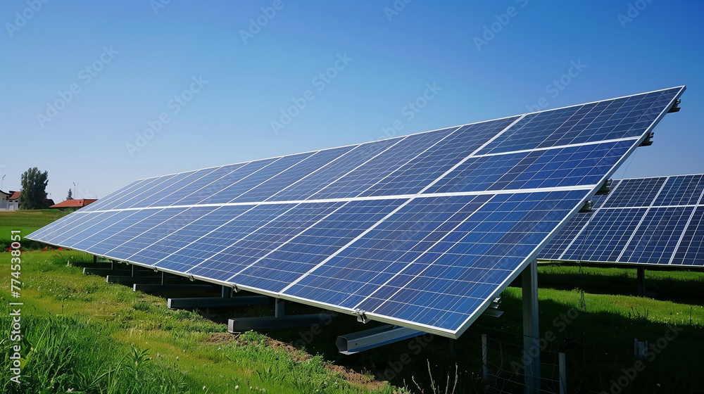 A row of solar panels are lined up in a field. The panels are blue and are facing the sun