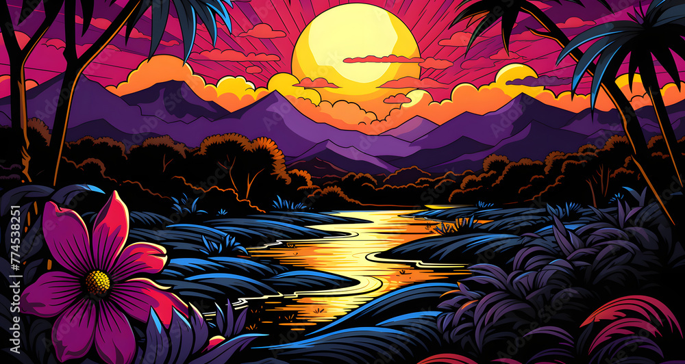 a beautiful sunset over a tropical valley