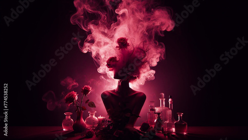 Passionate Display: Woman Mannequin Half Body Radiates Sensuality, Surrounded by Red Pink Background and Roses